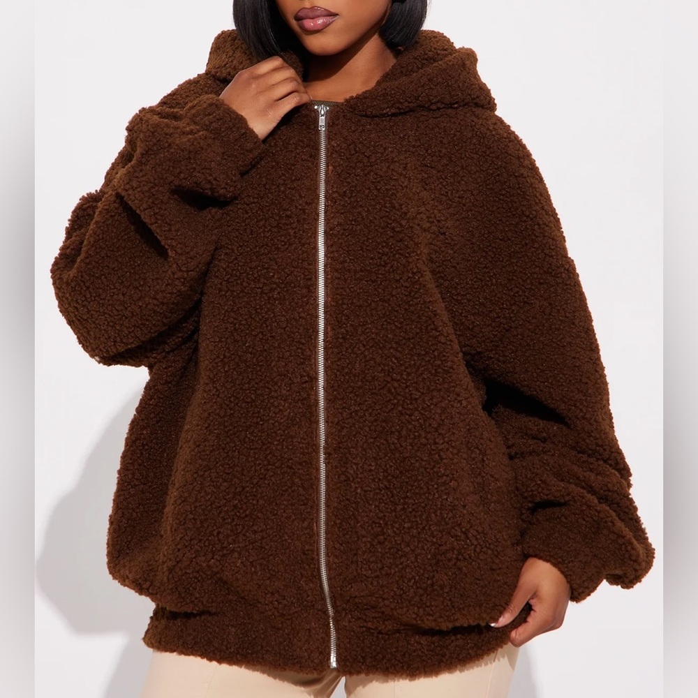 Fashion Nova Brown Snuggle Up Hooded Sherpa Coat - Small